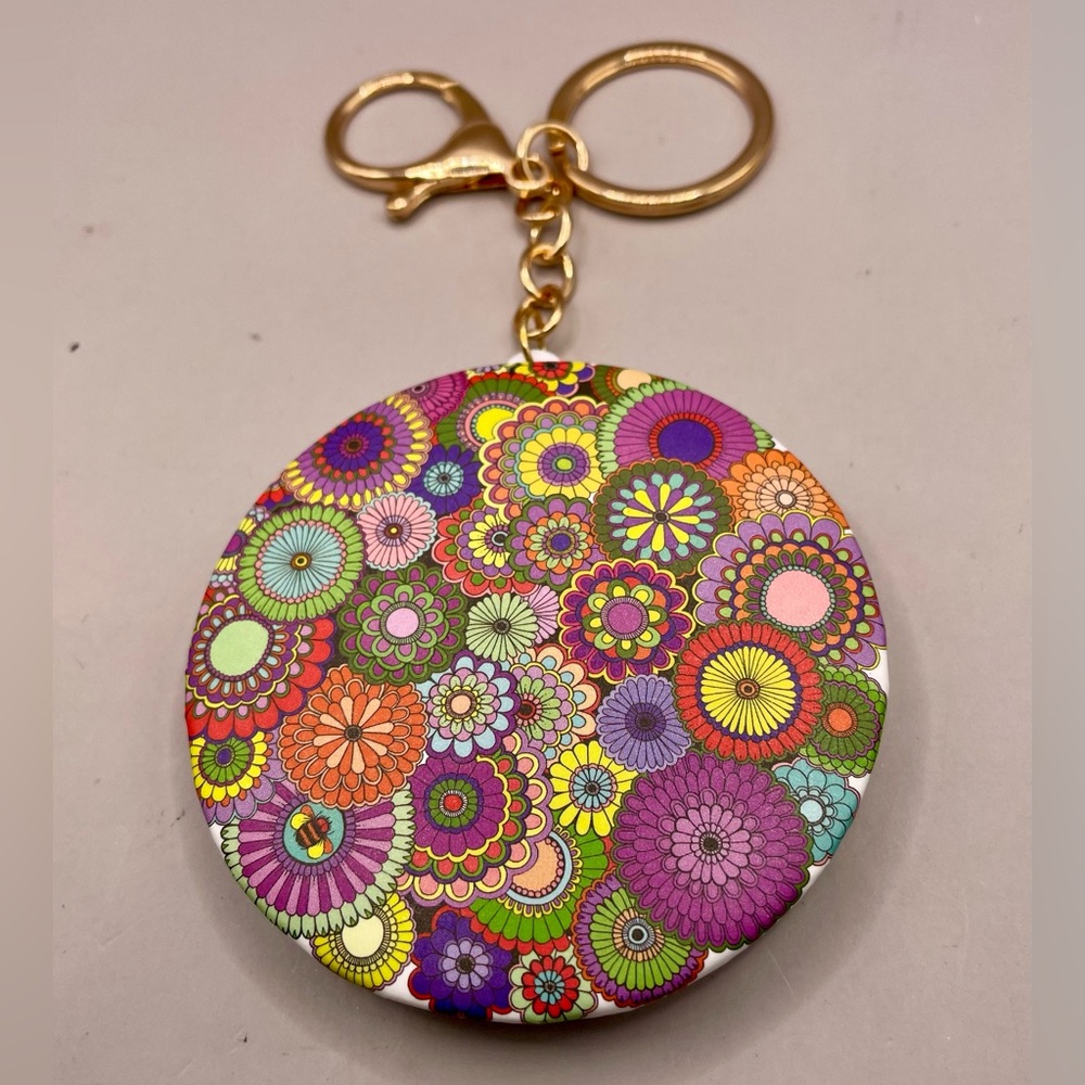 Jewel tone floral compact mirror keychain. Keyring purse bag backpack charm